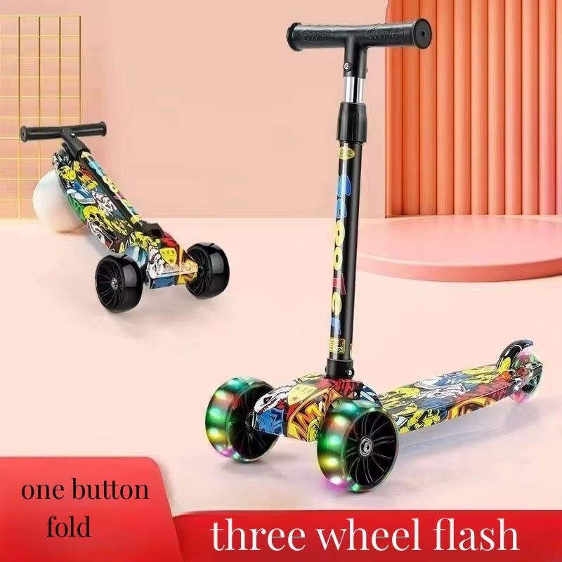 Kids Scooter Child Kick Flashing LED Light Up 3 Wheel Push Adjustable Folding