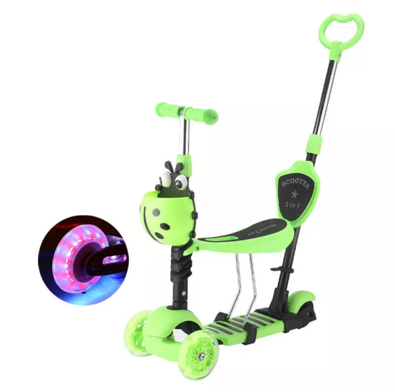 5 in 1 Kids Push Scooter Adjustable Height Removable Seat LED Flashing 3 Wheels