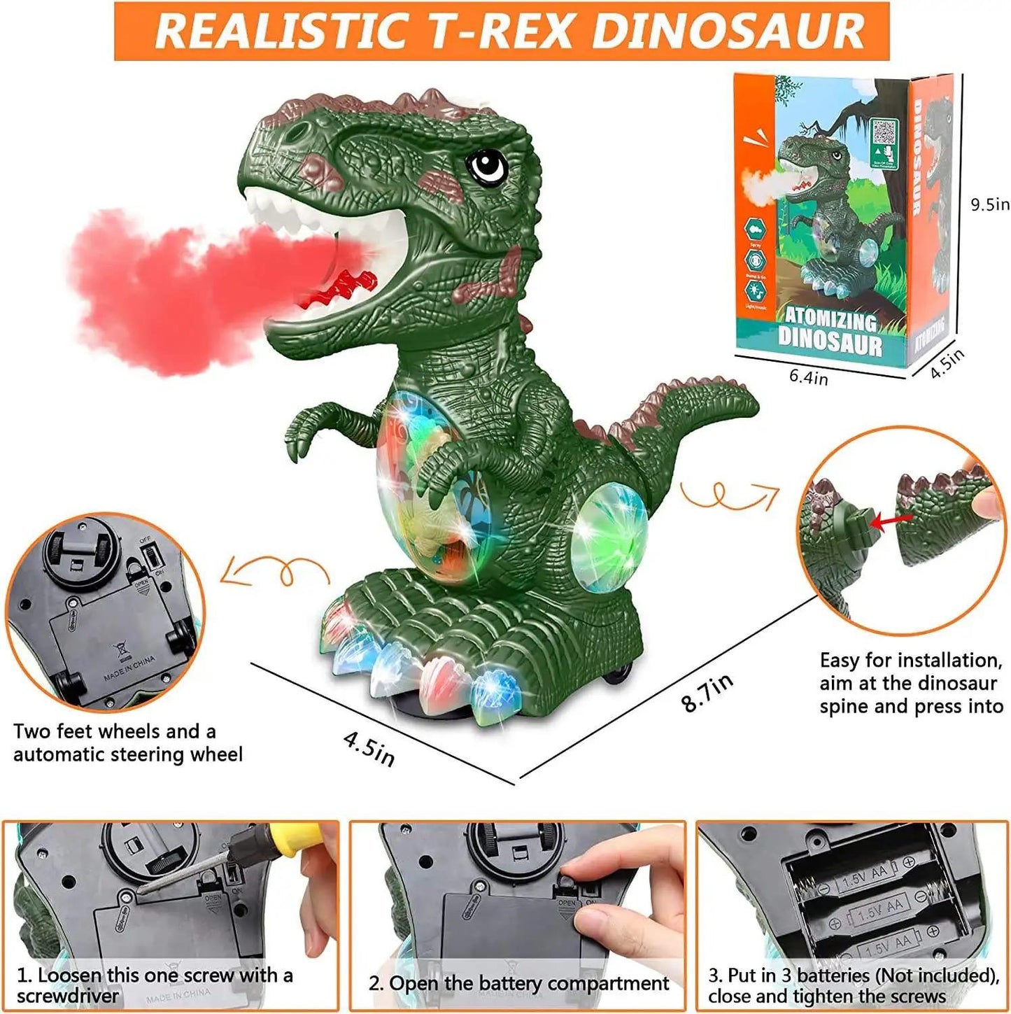 B/O SPRAYING DINOSAUR W/LIGHT&MUSIC 3CLRS MIX P.BOX