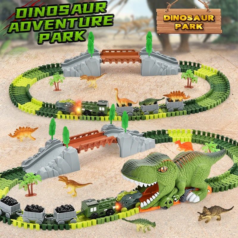 Dinosaur assembly track car with electric train with three carriages 121PCS