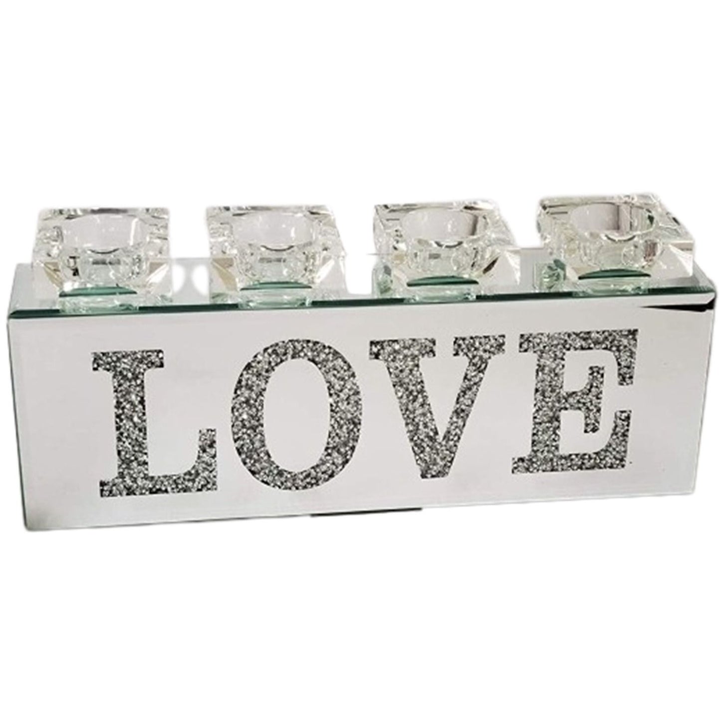Silver Sparkle Crushed Diamond LOVE Glass Candle Holder Stand