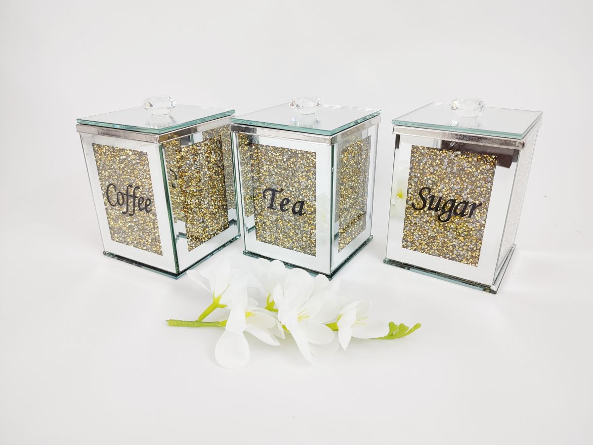 Tea Coffee Suger Canisters set Crushed Crystal Gold
