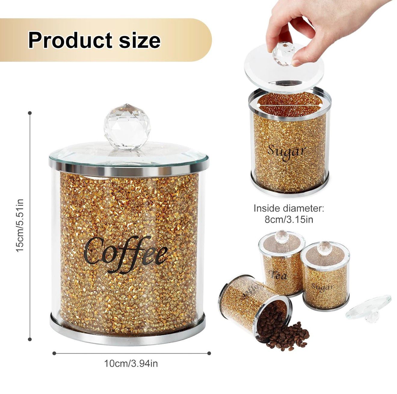 Tea Coffee Suger Canisters set Crushed Crystal gold