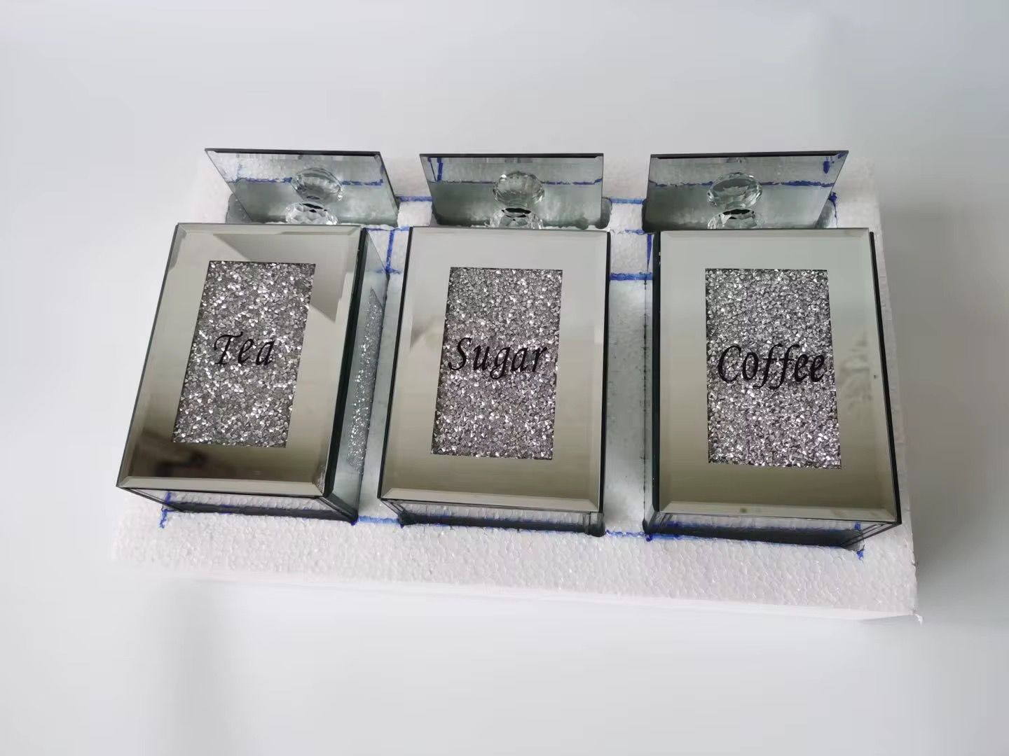 Tea Coffee Suger Canisters set Crushed Crystal Silver