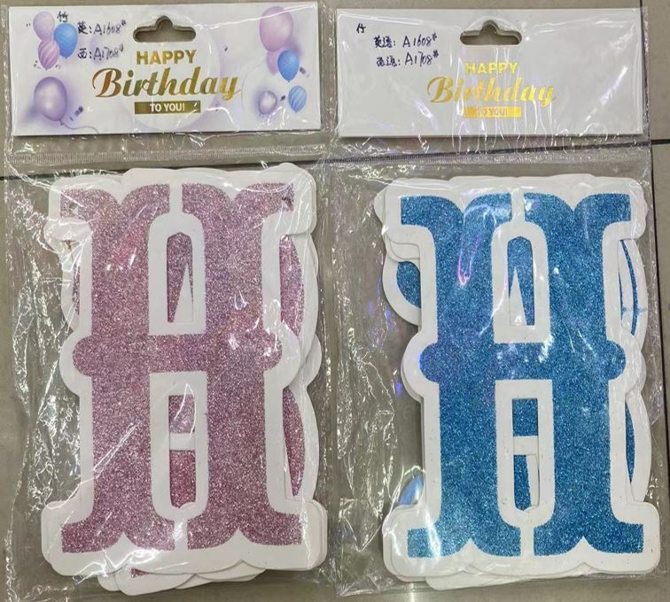 English birthday decoration with gold glitter and blue/pink mixed.