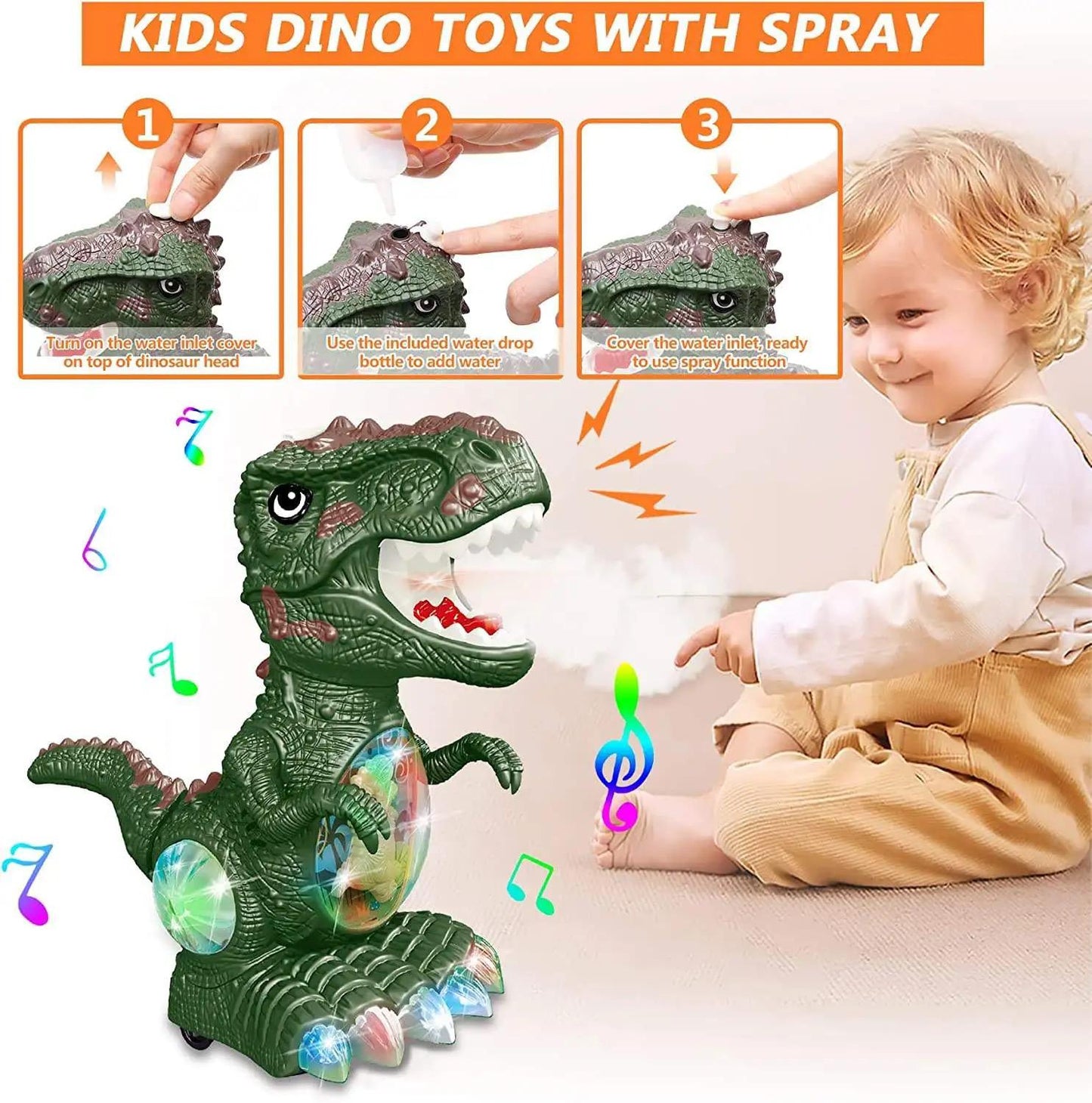 B/O SPRAYING DINOSAUR  W/LIGHT&MUSIC  3CLRS MIX  P.BOX