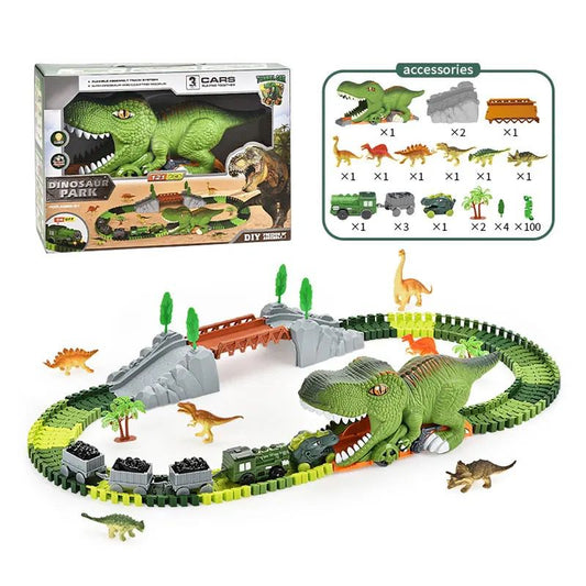 Dinosaur assembly track car with electric train with three carriages 121PCS