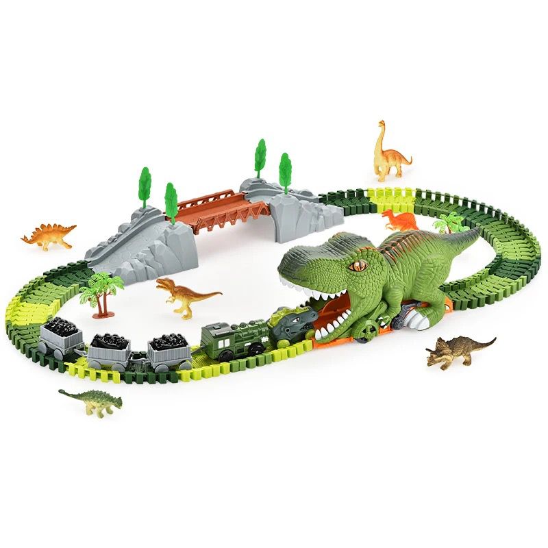 Dinosaur assembly track car with electric train with three carriages 121PCS