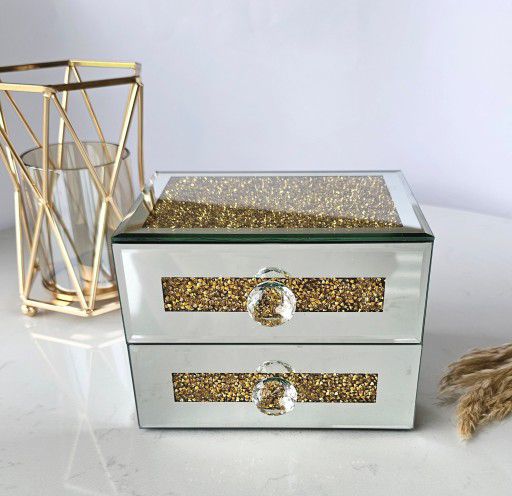 Mirrored crushed crystal 2 drawer jewellery box (gold)