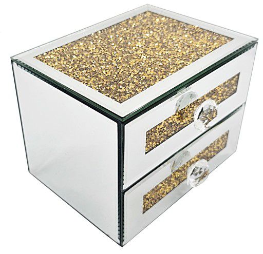 Mirrored crushed crystal 2 drawer jewellery box (gold)