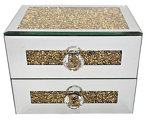 Mirrored crushed crystal 2 drawer jewellery box (gold)