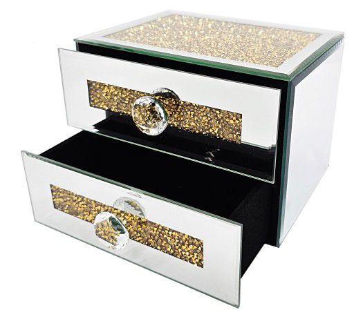 Mirrored crushed crystal 2 drawer jewellery box (gold)