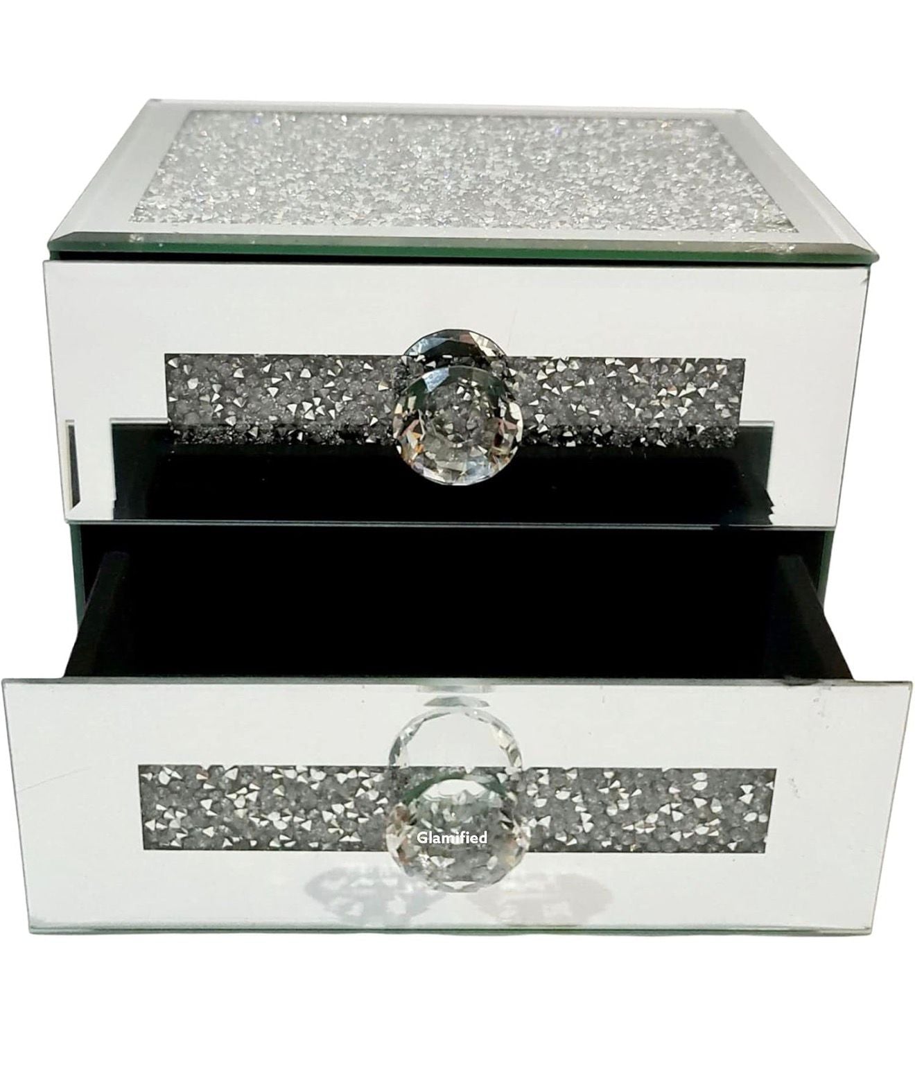 Mirrored crushed crystal 2 drawer jewellery box (silver)