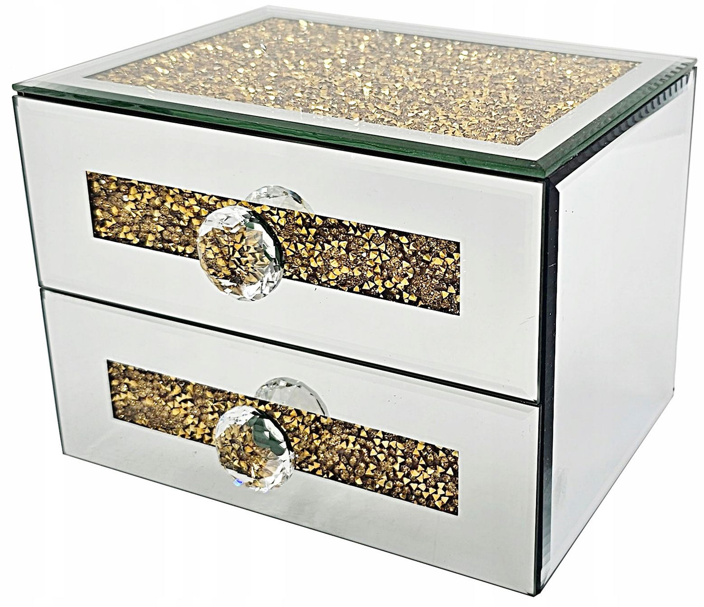 Mirrored crushed crystal 2 drawer jewellery box (gold)