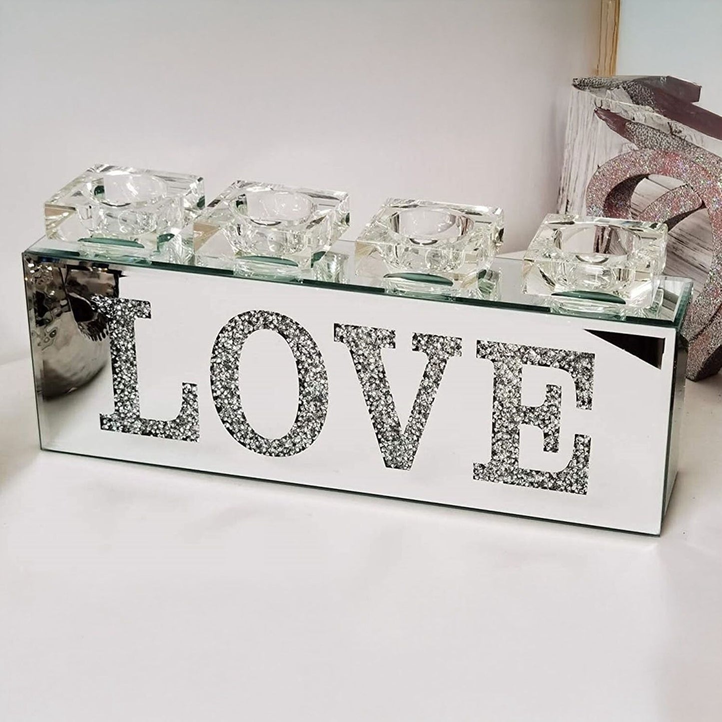 Silver Sparkle Crushed Diamond LOVE Glass Candle Holder Stand