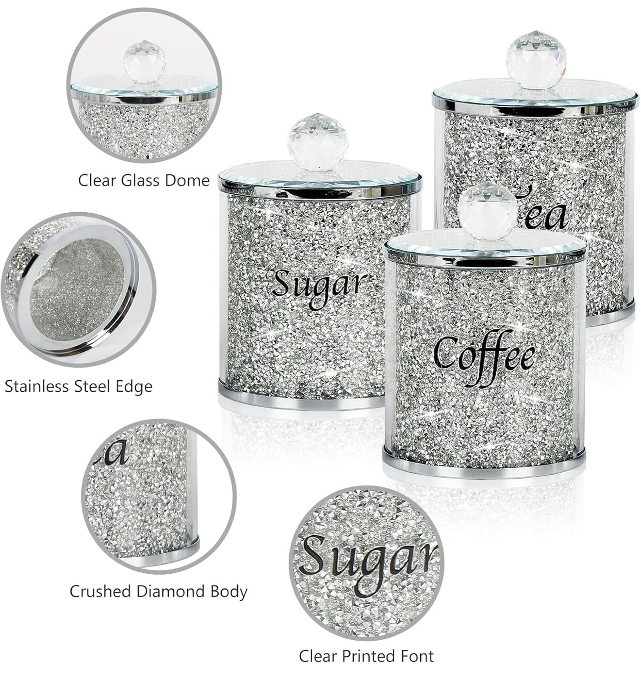 Tea Coffee Suger Canisters set Crushed Crystal