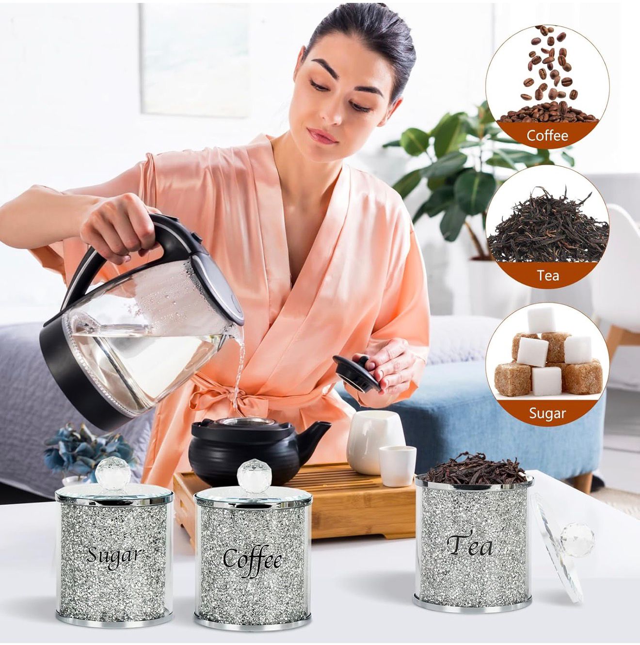 Tea Coffee Suger Canisters set Crushed Crystal