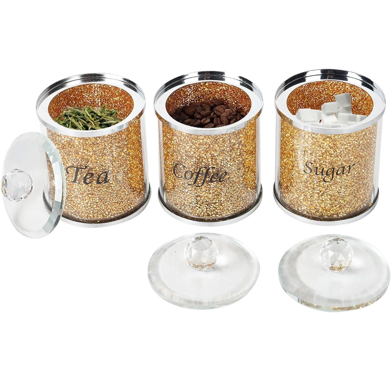 Tea Coffee Suger Canisters set Crushed Crystal gold