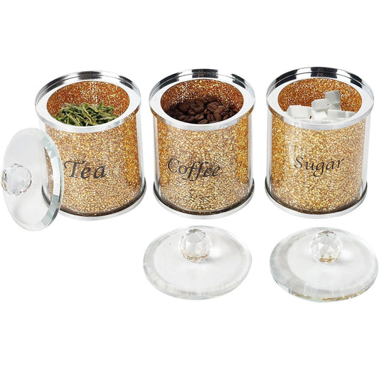 Tea Coffee Suger Canisters set Crushed Crystal gold