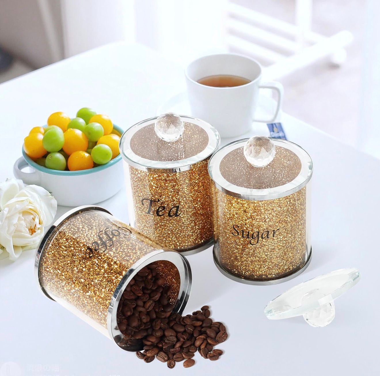 Tea Coffee Suger Canisters set Crushed Crystal gold