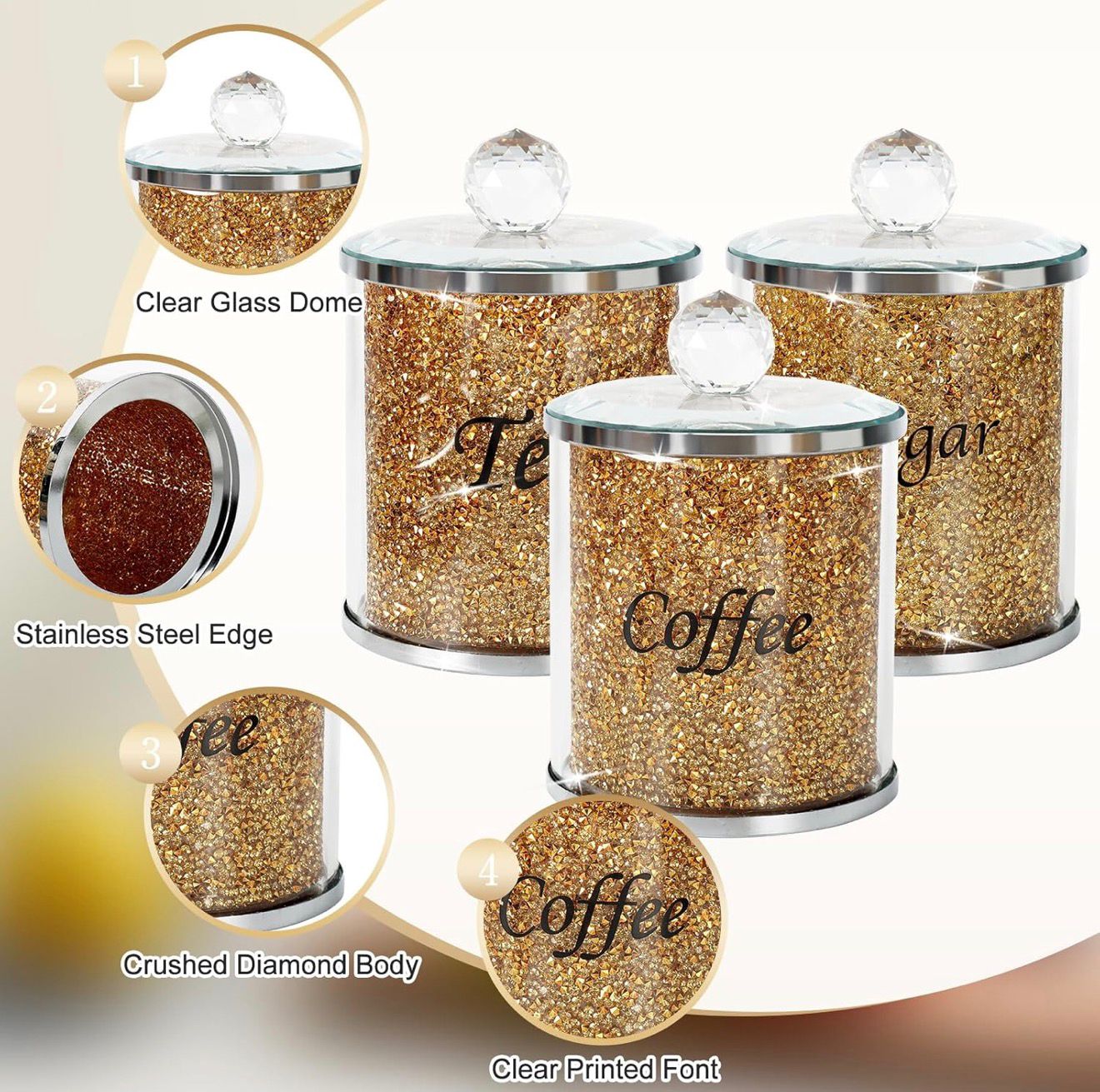 Tea Coffee Suger Canisters set Crushed Crystal gold