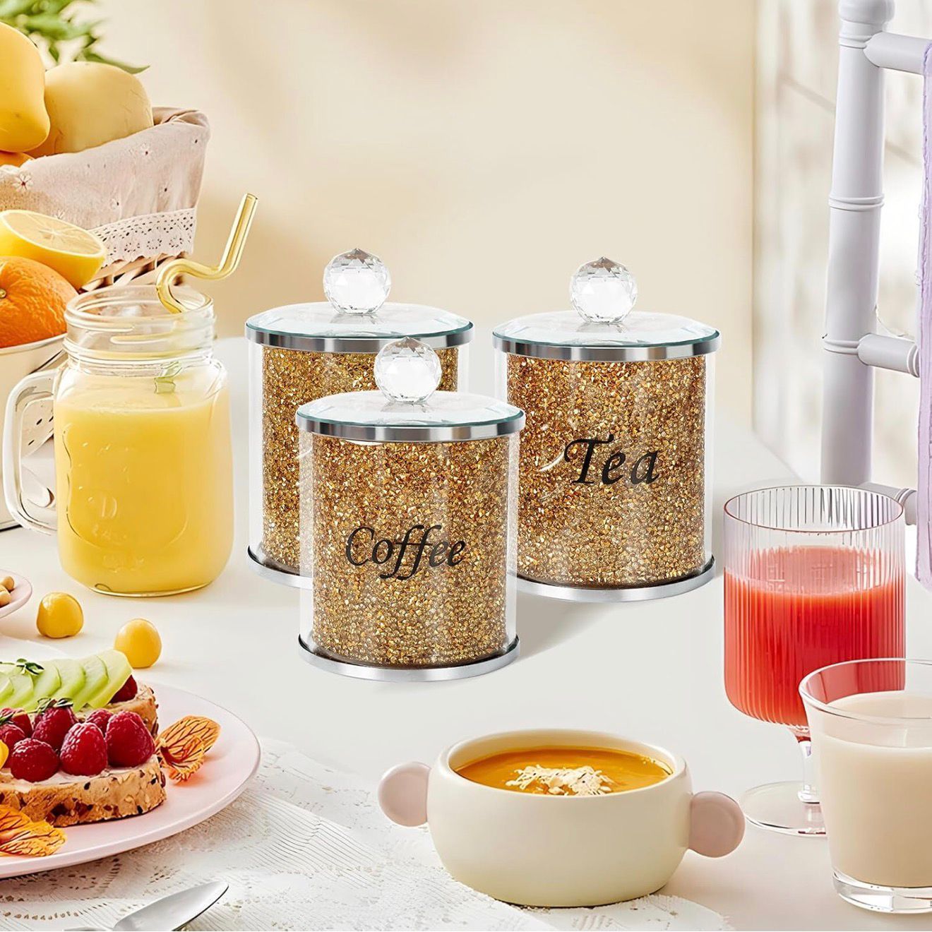 Tea Coffee Suger Canisters set Crushed Crystal gold