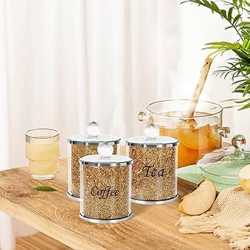Tea Coffee Suger Canisters set Crushed Crystal gold