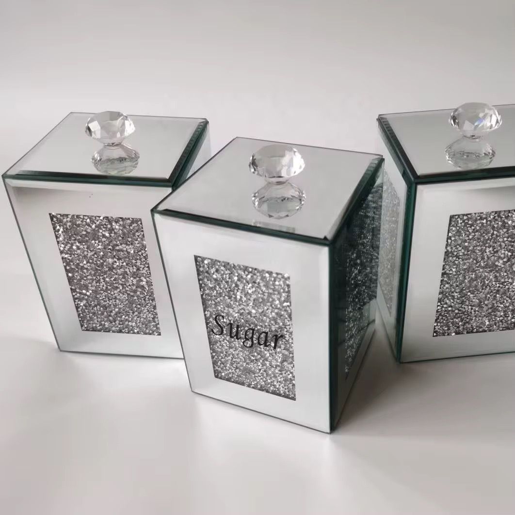 Tea Coffee Suger Canisters set Crushed Crystal Silver
