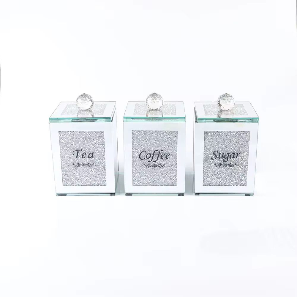 Tea Coffee Suger Canisters set Crushed Crystal Silver