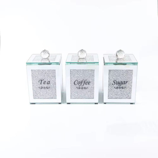 Tea Coffee Suger Canisters set Crushed Crystal Silver