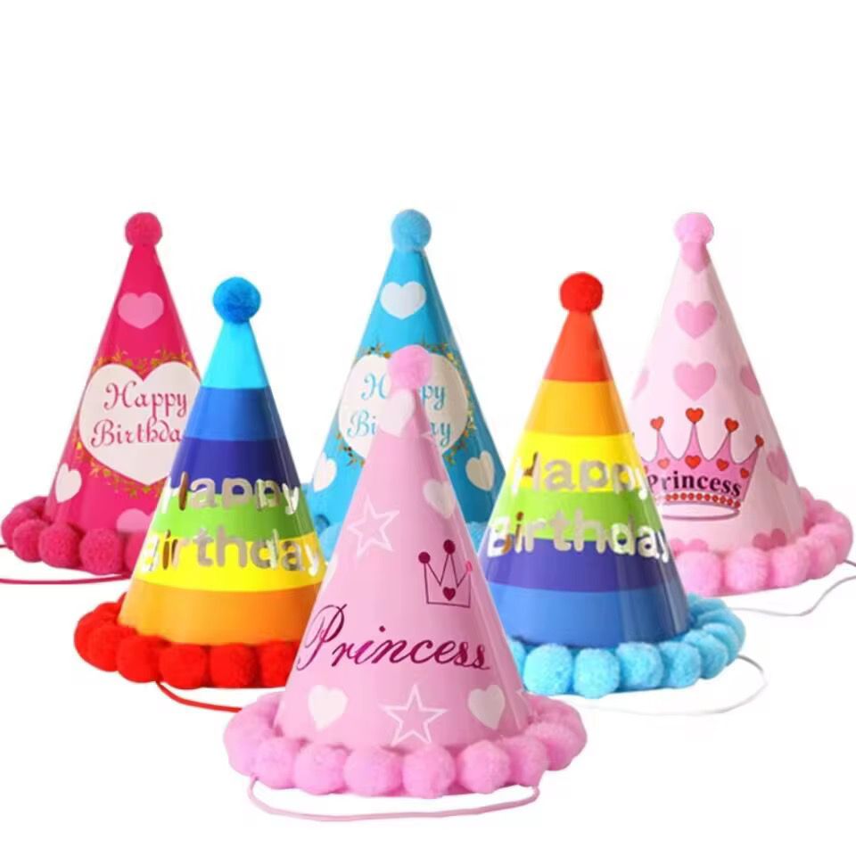 12pcs  Color Printed English Birthday Cap (Mixed Colors)34cm