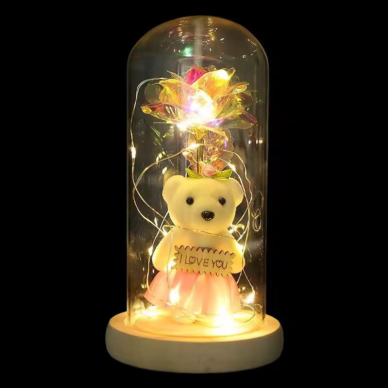 Light Up Rose In a Glass Dome with a Teddy Bear Gift