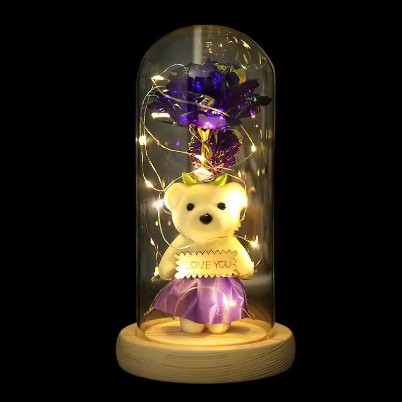 Light Up Rose In a Glass Dome with a Teddy Bear Gift
