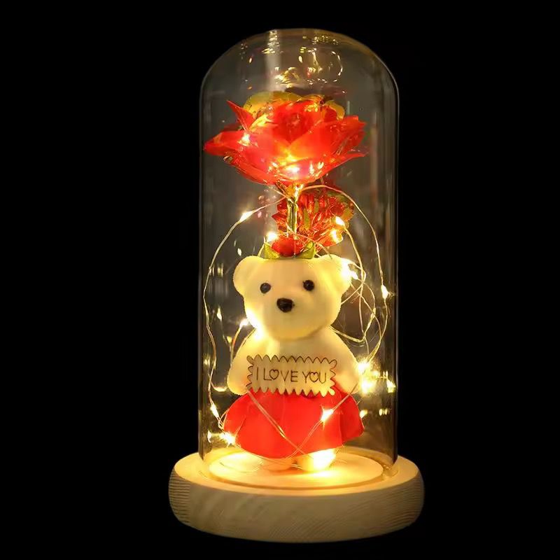 Light Up Rose In a Glass Dome with a Teddy Bear Gift