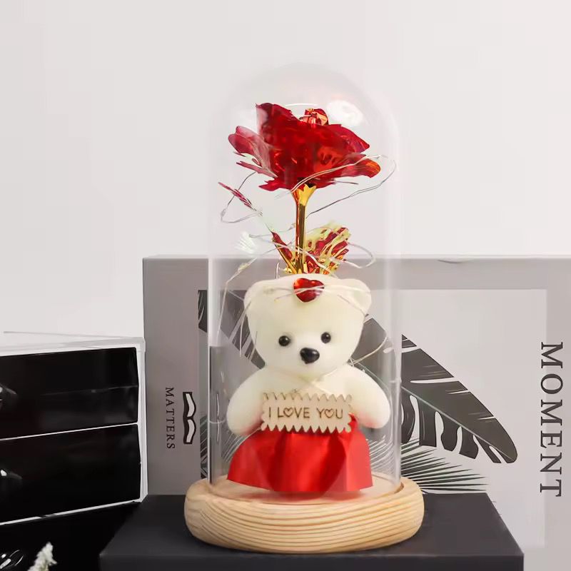 Light Up Rose In a Glass Dome with a Teddy Bear Gift