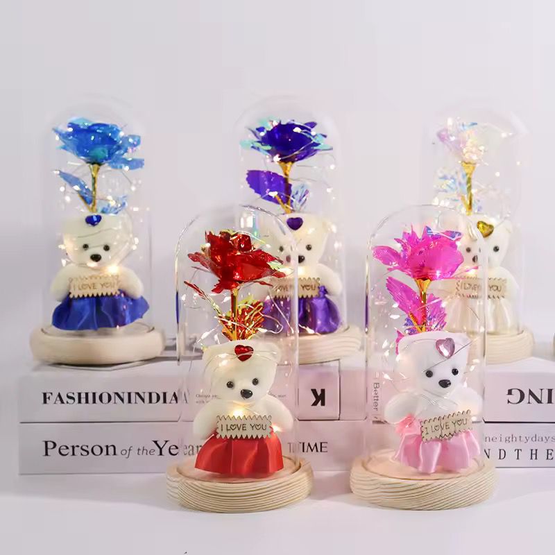 Light Up Rose In a Glass Dome with a Teddy Bear Gift