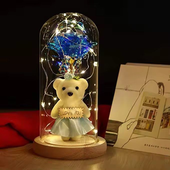 Light Up Rose In a Glass Dome with a Teddy Bear Gift