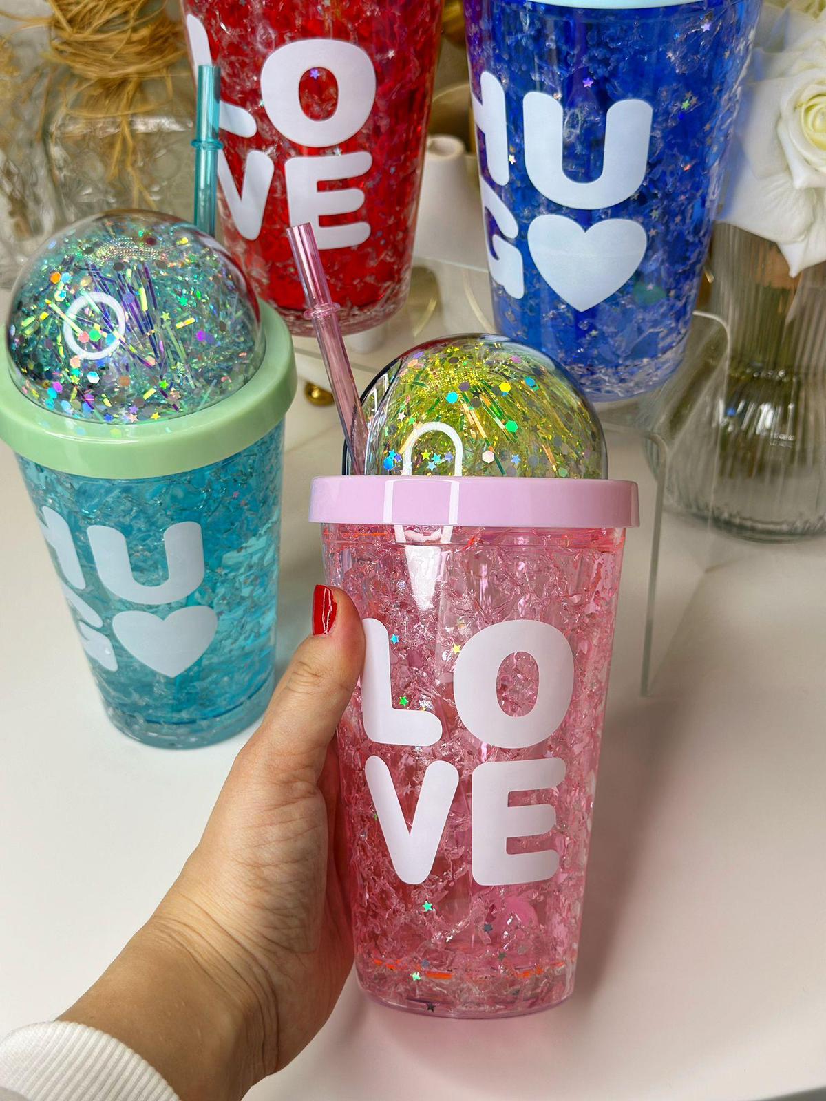 16oz 450ml Double cap + glitter + heart print + gel + glitter