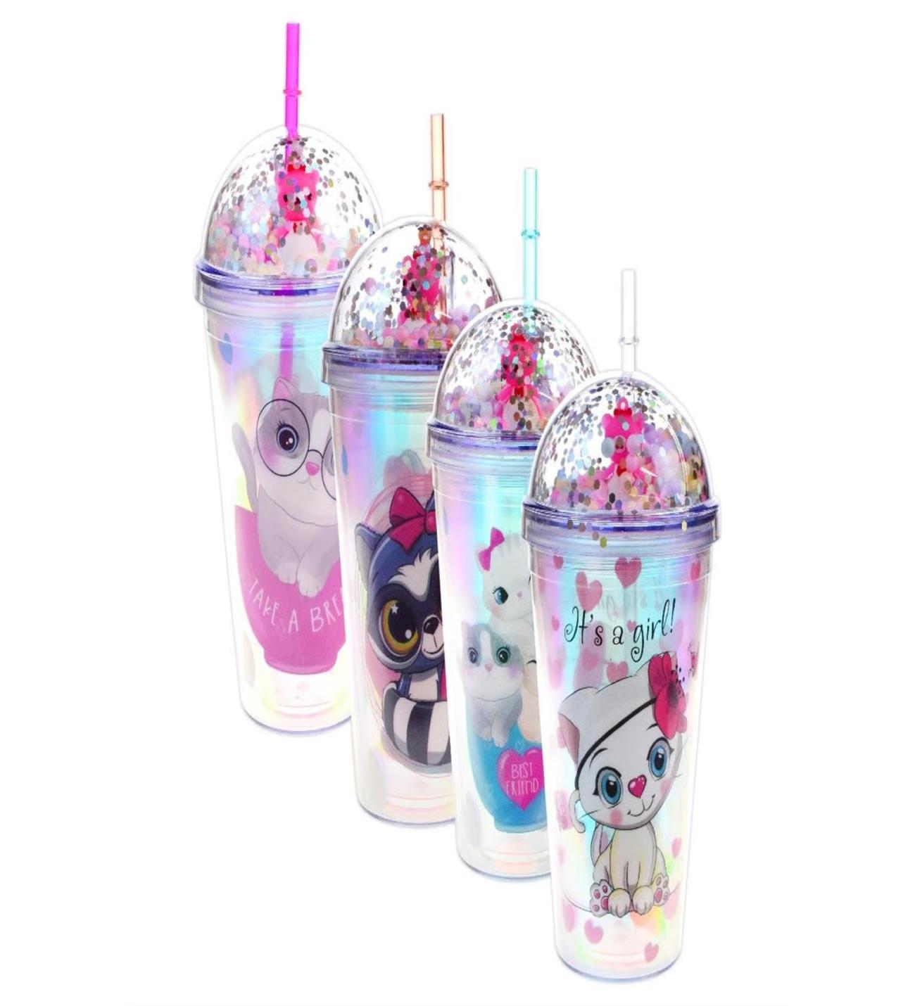 16oz 450ml Double cap + foam balls + sequins + plush toy Illustrated PVC