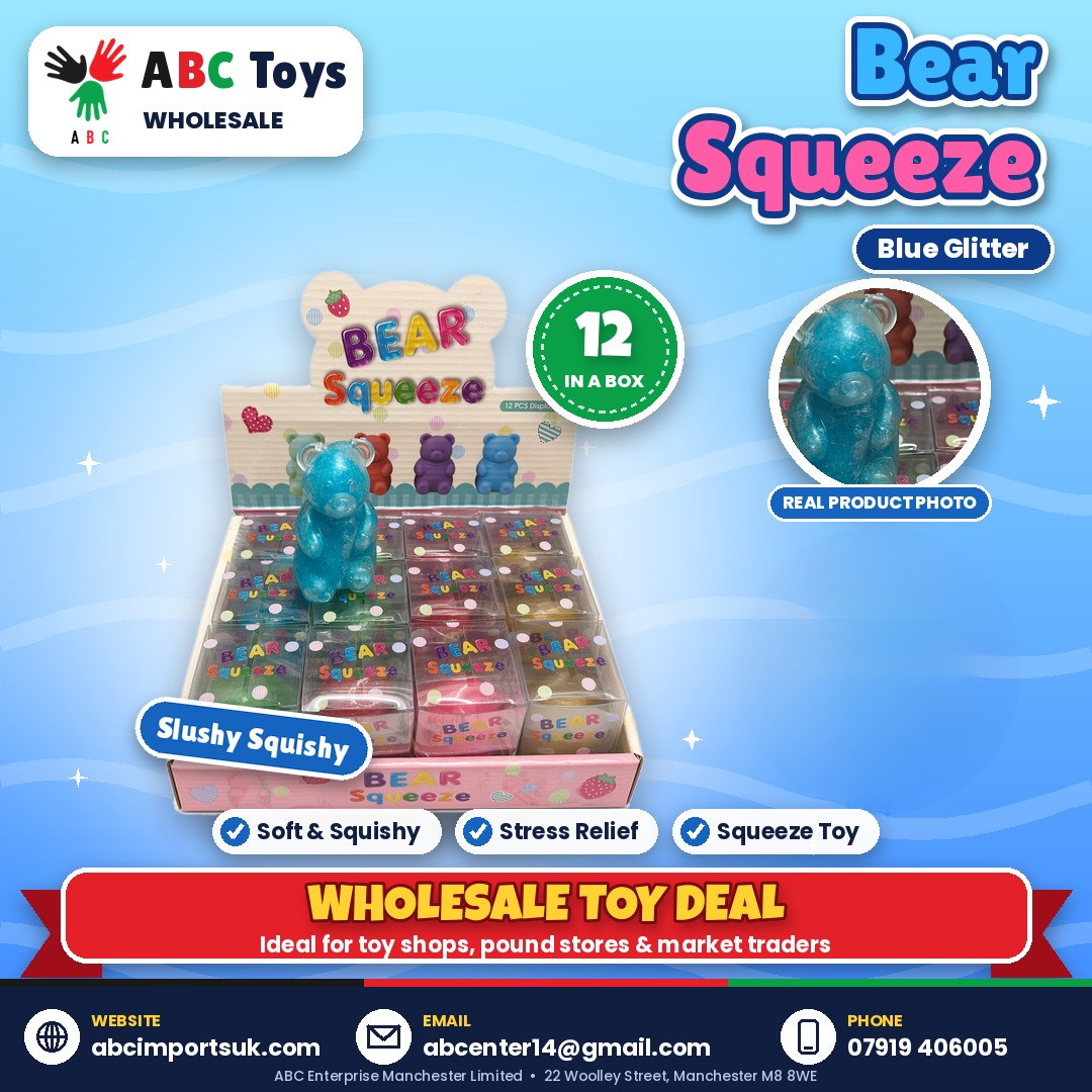 Bear Squeeze Squishy - Blue Glitter - 12 in a box | ABC Toys Wholesale