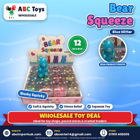 Bear Squeeze Squishy - Blue Glitter - 12 in a box | ABC Toys Wholesale