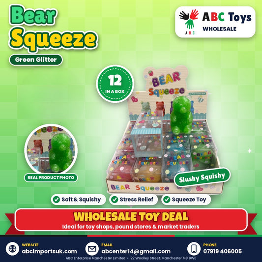 Bear Squeeze Squishy - Green Glitter - 12 in a box | ABC Toys Wholesale