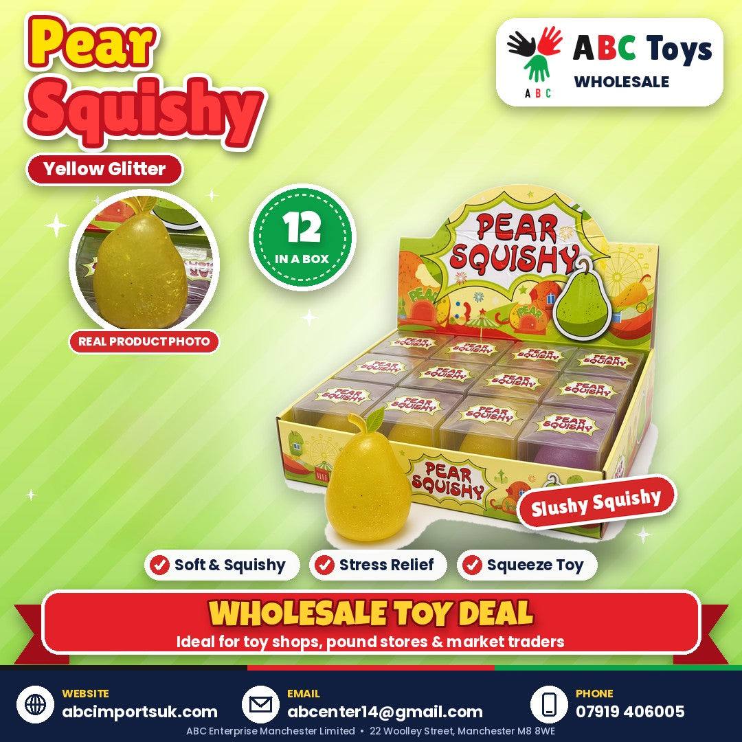 Pear Squishy - Yellow Glitter - 12 in a box | ABC Toys Wholesale