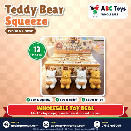 Teddy Bear Squeeze Toy - White & Brown - 12 in a box | ABC Toys Wholesale